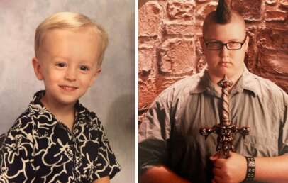 Side-by-side photos: Left shows a smiling young child with short blond hair in a dark floral shirt posed for a portrait. Right shows a serious young person with a mohawk, glasses, and an armored shirt, holding a sword against a stone wall background.