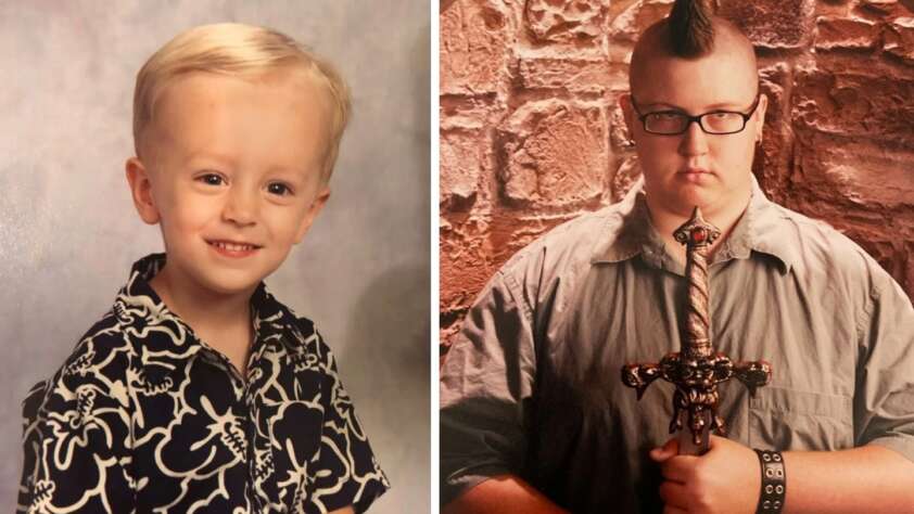 Side-by-side photos: Left shows a smiling young child with short blond hair in a dark floral shirt posed for a portrait. Right shows a serious young person with a mohawk, glasses, and an armored shirt, holding a sword against a stone wall background.