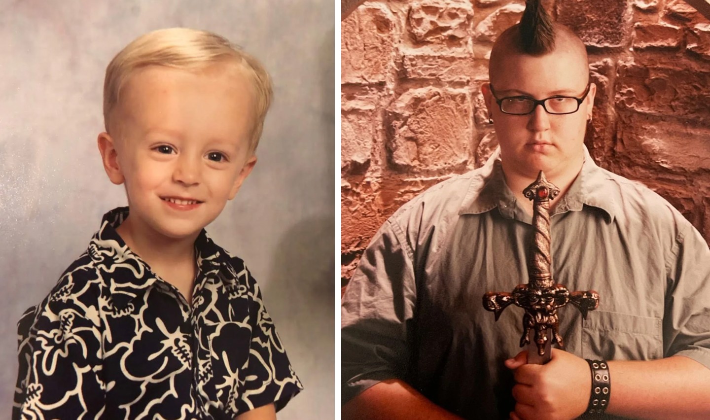 Side-by-side photos: Left shows a smiling young child with short blond hair in a dark floral shirt posed for a portrait. Right shows a serious young person with a mohawk, glasses, and an armored shirt, holding a sword against a stone wall background.