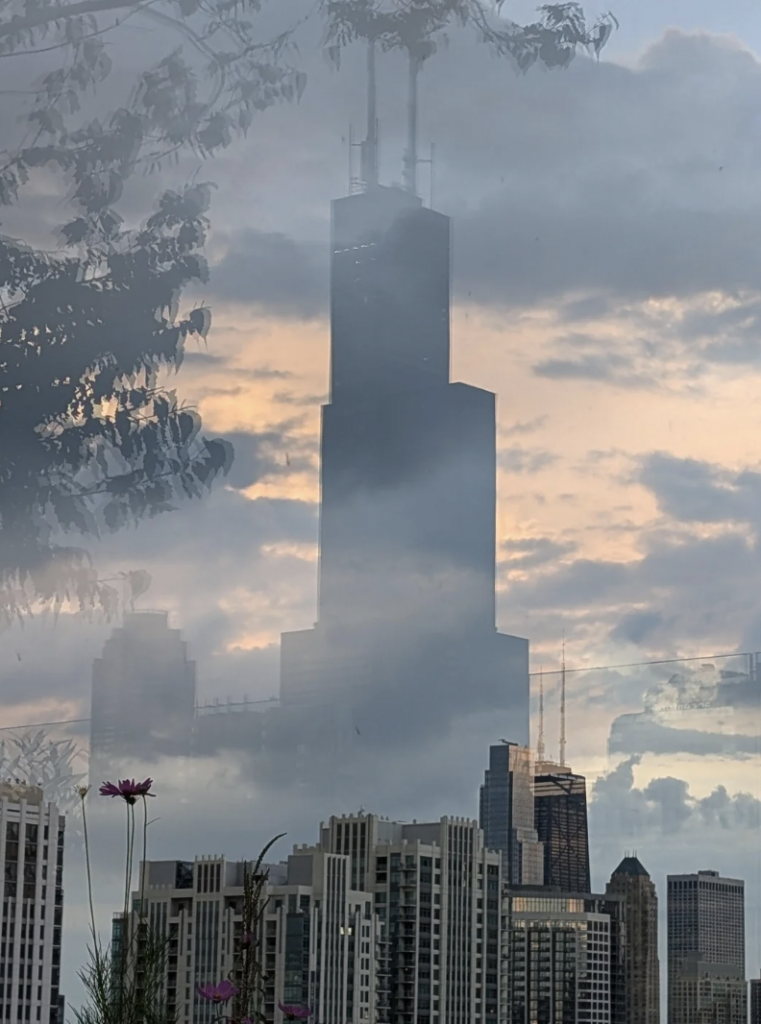 A cityscape at sunset shows a tall skyscraper with two antennas surrounded by other buildings. The sky is partly cloudy with hints of soft pastel colors. Silhouetted tree leaves frame the scene, and flowers are visible in the lower part of the image.