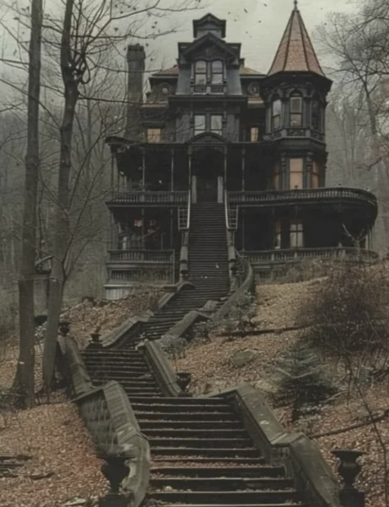 A dark, gothic mansion stands at the top of a long, winding staircase surrounded by leafless trees. The house has intricate details, a steep roof, and a tall, pointed tower. The scene is set in a gloomy, forested area with a foreboding atmosphere.