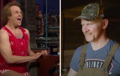 The image is split into two photos. On the left, a man in a red sequin tank top and shorts is animatedly talking on a talk show set. On the right, a man in a camo hat, grey t-shirt, and brown overalls is smiling in a rustic indoor setting.