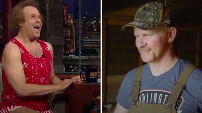 The image is split into two photos. On the left, a man in a red sequin tank top and shorts is animatedly talking on a talk show set. On the right, a man in a camo hat, grey t-shirt, and brown overalls is smiling in a rustic indoor setting.