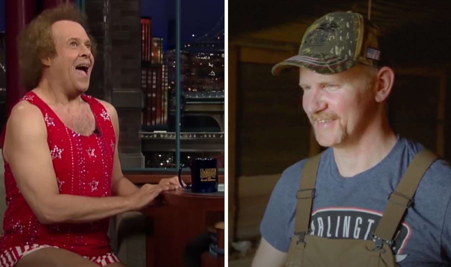 The image is split into two photos. On the left, a man in a red sequin tank top and shorts is animatedly talking on a talk show set. On the right, a man in a camo hat, grey t-shirt, and brown overalls is smiling in a rustic indoor setting.