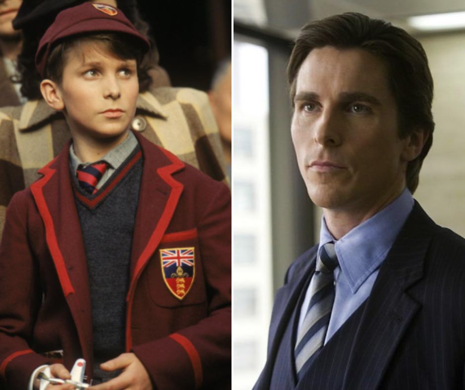 Left: A young boy dressed in a red school uniform and cap, looking off to the side. Right: A man in a business suit and tie standing indoors, looking slightly stern.