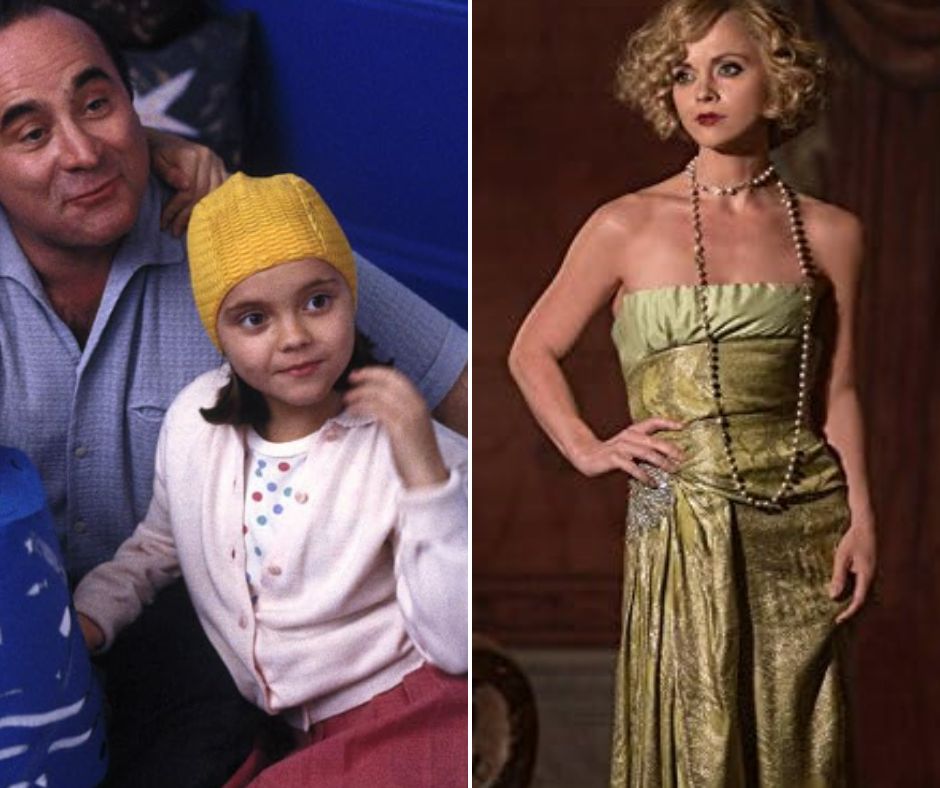 A split image shows a young girl wearing a yellow hat and a white sweater sitting with an older man on the left, and an adult woman in an elegant green dress and pearl necklace posing confidently on the right.