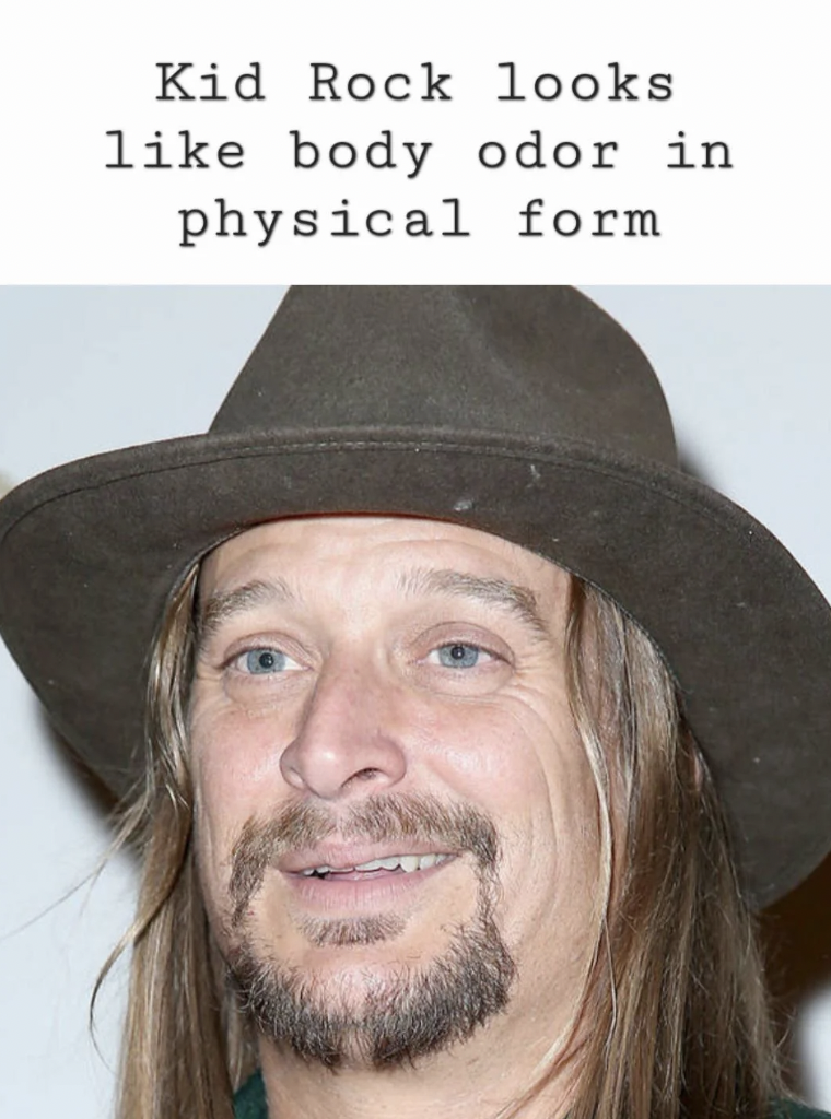 A person with long hair and a beard wearing a wide-brimmed hat is shown smiling at the camera. The text above the image reads, "Kid Rock looks like body odor in physical form.