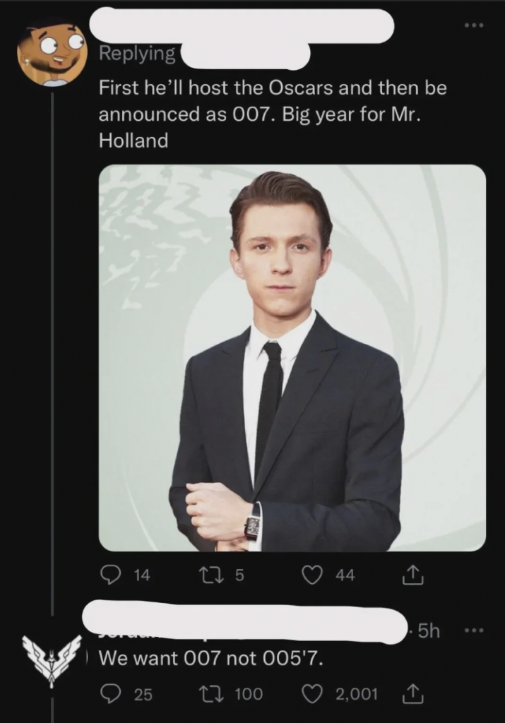 Screenshot of a tweet with a picture of a man in a suit. The tweet reads, "First he'll host the Oscars and then be announced as 007. Big year for Mr. Holland." A reply says, "We want 007 not 005'7''.