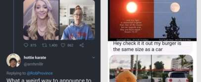 A collage of three memes. The first shows a contrast between two people with the caption, “There's catchfishing and then there's whatever this is!?”. The second image compares the size of the sun and moon using a Bible verse. The third meme shows a hand holding a burger next to a car, with text saying, "Hey check it out my burger is the same size as a car.