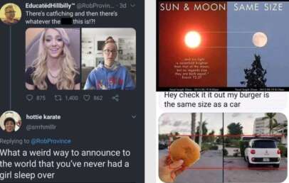 A collage of three memes. The first shows a contrast between two people with the caption, “There's catchfishing and then there's whatever this is!?”. The second image compares the size of the sun and moon using a Bible verse. The third meme shows a hand holding a burger next to a car, with text saying, "Hey check it out my burger is the same size as a car.