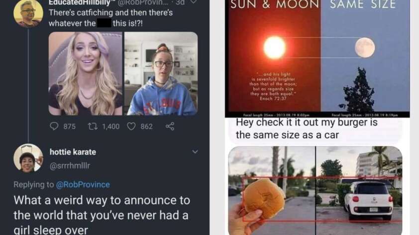 A collage of three memes. The first shows a contrast between two people with the caption, “There's catchfishing and then there's whatever this is!?”. The second image compares the size of the sun and moon using a Bible verse. The third meme shows a hand holding a burger next to a car, with text saying, "Hey check it out my burger is the same size as a car.