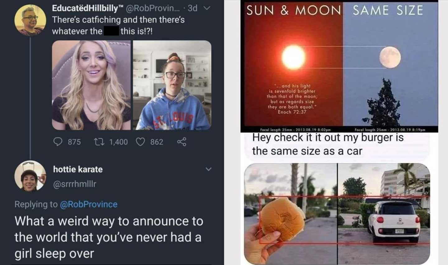 A collage of three memes. The first shows a contrast between two people with the caption, “There's catchfishing and then there's whatever this is!?”. The second image compares the size of the sun and moon using a Bible verse. The third meme shows a hand holding a burger next to a car, with text saying, "Hey check it out my burger is the same size as a car.