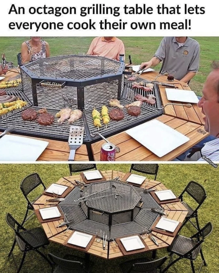 Top image: People sitting around an octagonal grilling table, each grilling their own food, including burgers, chicken, and kebabs. Bottom image: An empty octagonal grilling table with plates and cutlery set for multiple people, showcasing the unique design.