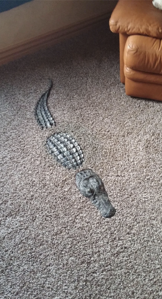 A realistic sculpture of a crocodile made to appear as if it's emerging from the carpet, with its head, back, and tail visible. The sculpture's placement on the brown carpet next to an orange sofa creates the illusion of a crocodile crawling on the floor.