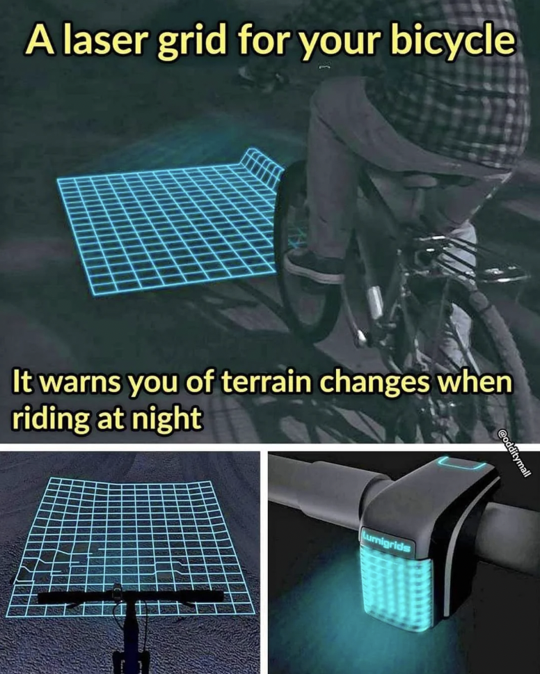 A bicycle features a laser grid projection that illuminates the ground, alerting riders to terrain changes at night. The image shows the grid both on the ground and the laser device attached to the bike. Text reads, "A laser grid for your bicycle" and "It warns you of terrain changes when riding at night.