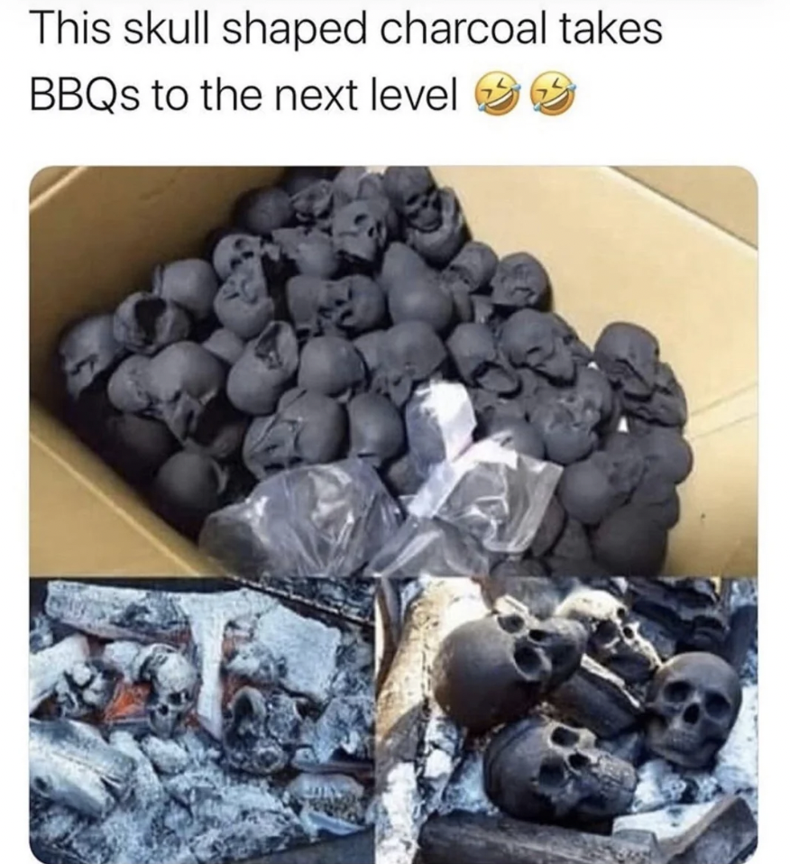 A cardboard box filled with skull-shaped pieces of charcoal. Below, three smaller images show the skull-shaped charcoal burning in a barbecue, creating an unusual and eerie visual effect.