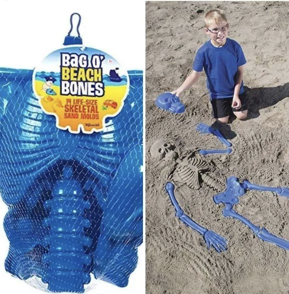 On the left, a package labeled "Bag O' Beach Bones" contains blue, life-size skeletal sand molds. On the right, a child wearing a blue shirt and shorts stands on sandy ground, holding one of the molds, with a skeleton shape formed in the sand beside them.