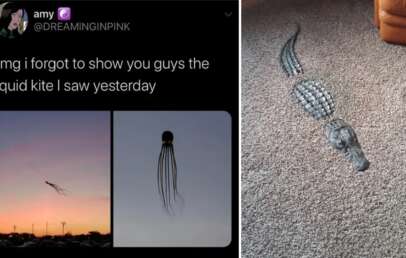 A tweet by user @DREAMINGINPINK shows two images of a squid kite flying in the sky with a caption saying, "omg i forgot to show you guys the squid kite i saw yesterday". Next to the tweet is a photo of a realistic crocodile toy on a carpeted floor.