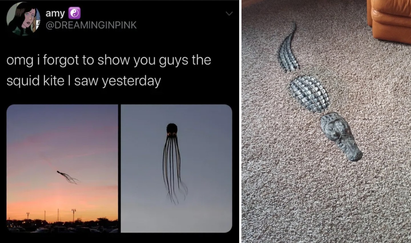 A tweet by user @DREAMINGINPINK shows two images of a squid kite flying in the sky with a caption saying, "omg i forgot to show you guys the squid kite i saw yesterday". Next to the tweet is a photo of a realistic crocodile toy on a carpeted floor.