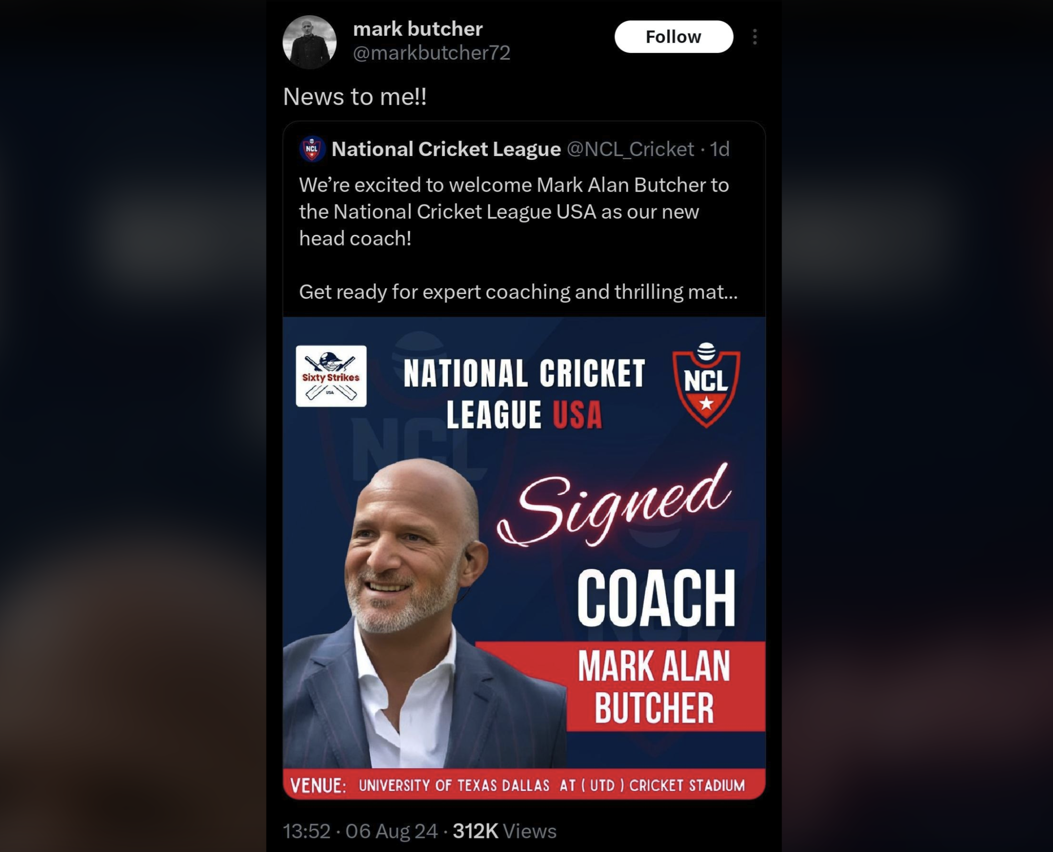 A tweet from @markbutcher72 sharing a National Cricket League USA (NCL) announcement congratulating Mark Alan Butcher as the new head coach. The poster includes a picture of Mark Alan Butcher and details of the signing ceremony at the University of Texas Dallas Cricket Stadium.