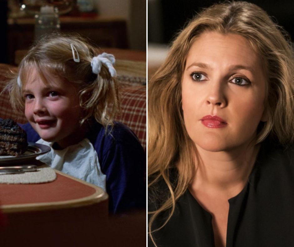 A side-by-side comparison: on the left, a young girl with blonde hair in pigtails smiles while sitting at a table, and on the right, an adult woman with long blonde hair looks serious, wearing a dark outfit.