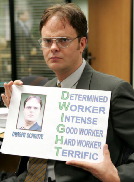 A man wearing glasses and a suit holds up a sign that reads "DWIGHT," with each letter representing an adjective: "Determined, Worker, Intense, Good Worker, Hard Worker, Terrific." The sign includes a photo of himself labeled "DWIGHT SCHRUTE.