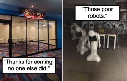 Left side: An empty party room with brightly colored carpet and white chairs around tables. Text on image reads, "Thanks for coming, no one else did."
Right side: A dark room filled with multiple humanoid robots appearing idle. Text on image reads, "Those poor robots.