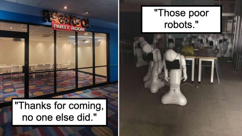 Left side: An empty party room with brightly colored carpet and white chairs around tables. Text on image reads, "Thanks for coming, no one else did."
Right side: A dark room filled with multiple humanoid robots appearing idle. Text on image reads, "Those poor robots.