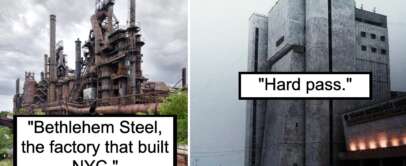 On the left, there's an old, rusty industrial factory with a caption: "Bethlehem Steel, the factory that built NYC." On the right, there's a modern, austere concrete building with a caption: "Hard pass." Two contrasting industrial structures are depicted.