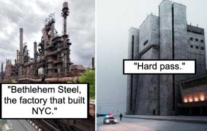 On the left, there's an old, rusty industrial factory with a caption: "Bethlehem Steel, the factory that built NYC." On the right, there's a modern, austere concrete building with a caption: "Hard pass." Two contrasting industrial structures are depicted.