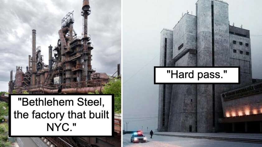 On the left, there's an old, rusty industrial factory with a caption: "Bethlehem Steel, the factory that built NYC." On the right, there's a modern, austere concrete building with a caption: "Hard pass." Two contrasting industrial structures are depicted.