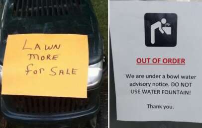 The image consists of two parts: On the left, a lawnmower with a handwritten sign that reads "Lawn More for Sale." On the right, a notice stating "OUT OF ORDER. We are under a bowl water advisory notice. DO NOT USE WATER FOUNTAIN. Thank you.