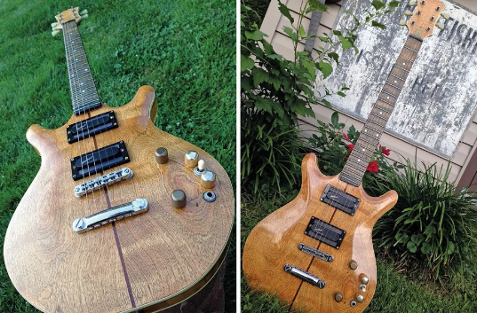 Side-by-side images of a rustic wooden electric guitar with a worn finish, lying on grass next to a house with greenery. The guitar features two black pickups, metal bridge, tuning knobs, and wooden control knobs. The frets and neck are also visible.