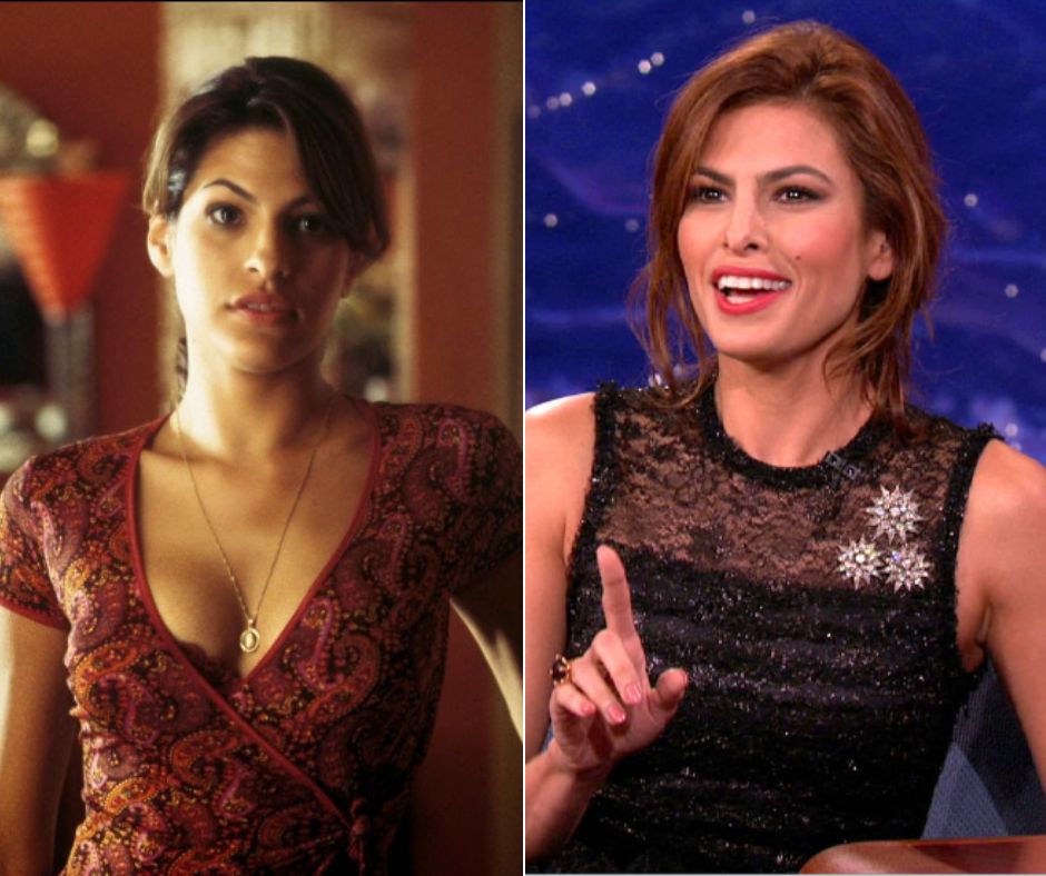 A split image featuring the same woman in different settings. On the left, she is wearing a paisley-patterned top and a necklace, looking serious. On the right, she is in a sleeveless black dress with decorative brooches, smiling and gesturing with her hand.