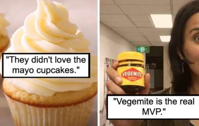 The image is split into two sections. On the left, there is a close-up of a cupcake with creamy white frosting and the text: "They didn't love the mayo cupcakes." On the right, a person holds a jar of Vegemite with the text: "Vegemite is the real MVP.