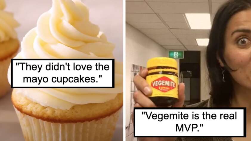 The image is split into two sections. On the left, there is a close-up of a cupcake with creamy white frosting and the text: "They didn't love the mayo cupcakes." On the right, a person holds a jar of Vegemite with the text: "Vegemite is the real MVP.