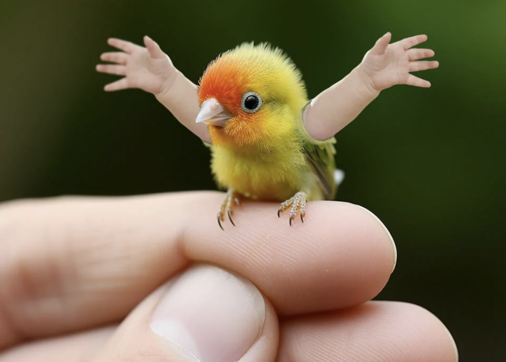 A small, vibrant yellow and green bird with a red head perches on a person's fingertips. The bird has human-like arms instead of wings, raised in the air. The background is a blurred green, suggesting it's outdoors.