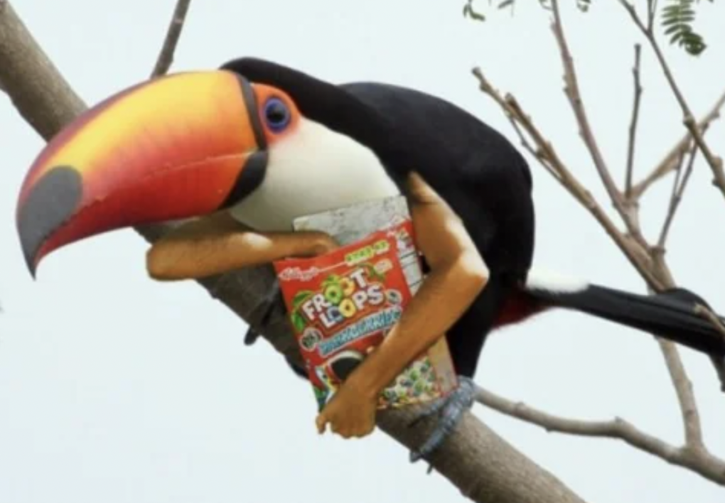 A toucan with a large, colorful beak is perched on a tree branch holding a box of Froot Loops cereal with its wings. The box features cartoon characters and brightly colored cereal pieces. The background shows a clear sky and sparse branches.