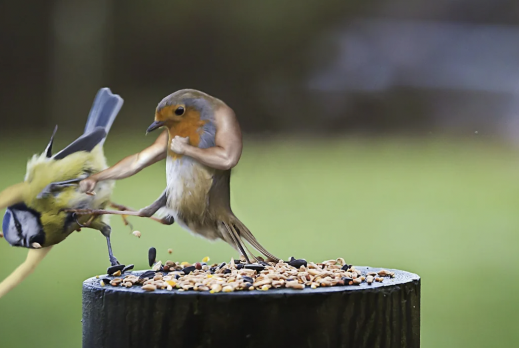 A small bird with a reddish-orange chest appears to be kicking another bird mid-air while both are near a bird feeder full of seeds. The background is blurred, highlighting the action and the birds.