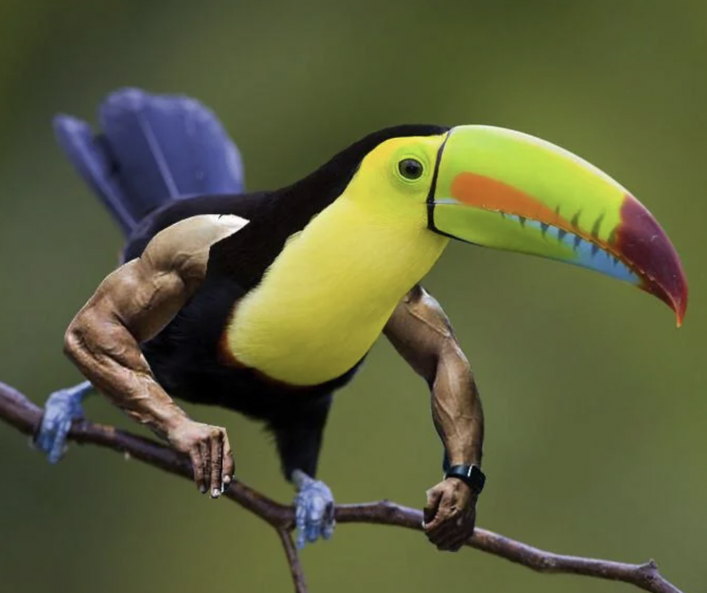 A toucan perched on a branch with an unusual twist: its wings have been replaced by muscular human arms. The bird's vivid green, yellow, and red beak stands out against a blurred natural green background. The toucan appears to be wearing a wristwatch.