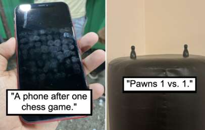 Left image: A hand holding a smartphone with a screen covered in fingerprint smudges. Caption reads, "A phone after one chess game." Right image: Two black chess pawns placed on top of a punching bag. Caption reads, "Pawns 1 vs. 1.