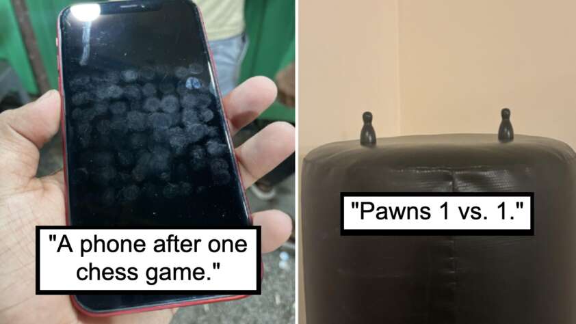 Left image: A hand holding a smartphone with a screen covered in fingerprint smudges. Caption reads, "A phone after one chess game." Right image: Two black chess pawns placed on top of a punching bag. Caption reads, "Pawns 1 vs. 1.