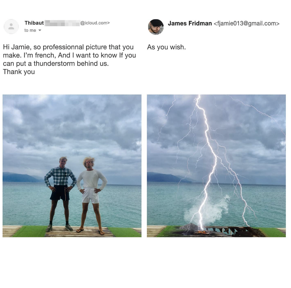 Two side-by-side images of two men standing by a lake. In the left image, they are posing peacefully. In the right image, a giant lightning bolt is striking very close to them, with dramatic effects added. A humorous Photoshop request and response are shown above.