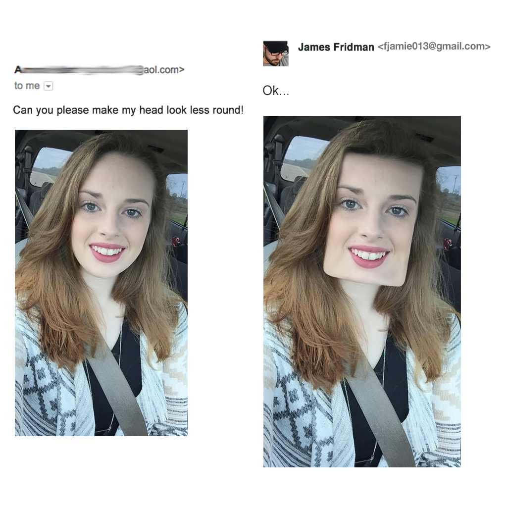 Side-by-side comparison showing a photo edit: On the left, a woman with long blonde hair smiles in a car. On the right, the same image edited humorously, giving her head an exaggerated square shape. An email exchange above requests the edit to make her head less round.