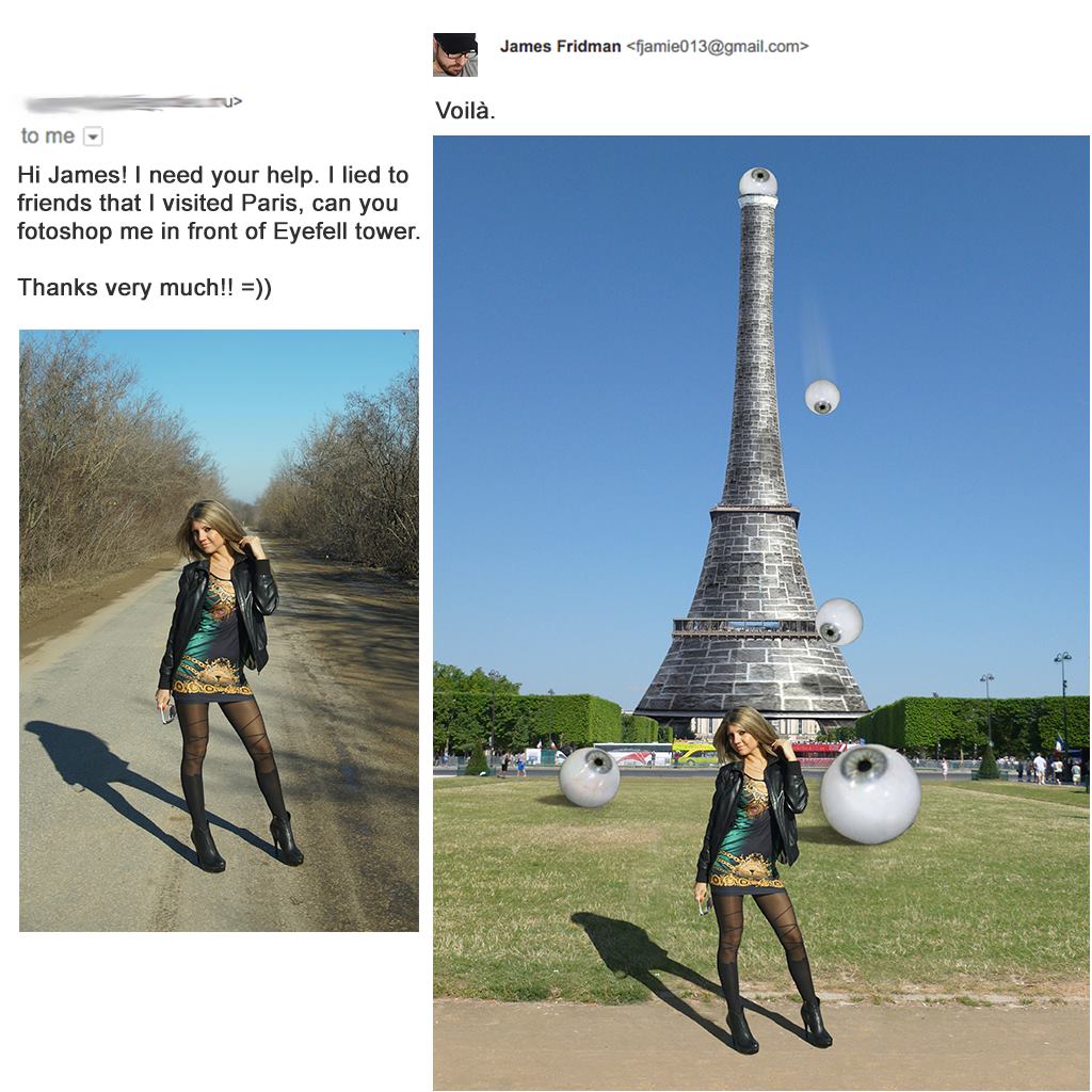 On the left, a woman's photo shows her standing on a rural road. On the right, the same photo is edited onto a cartoonish image of the Eiffel Tower with eyeballs surrounding it. Labeled "Voilà," the edited image humorously resembles her request to be photoshopped in front of the Eiffel Tower.