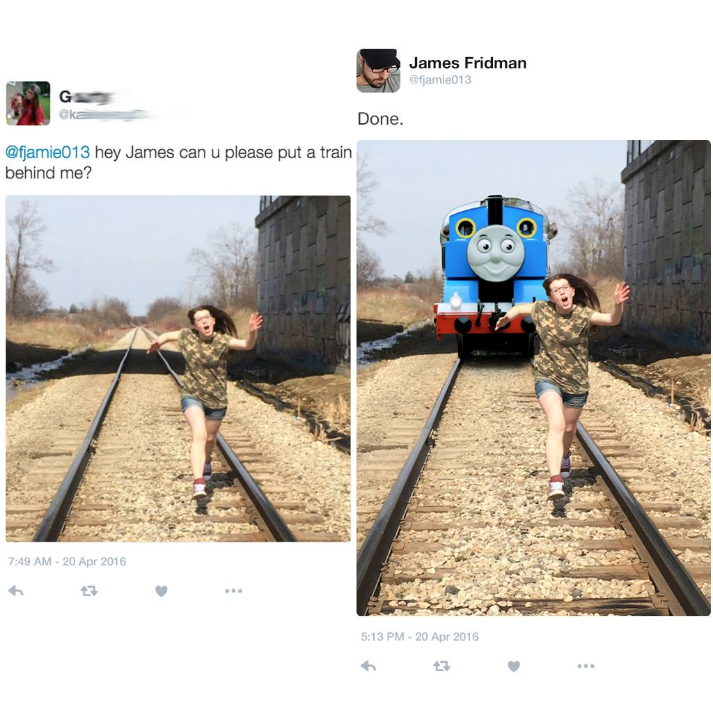 A woman runs along train tracks, her arms raised in excitement. In a following edited version, she is chased by the cartoon character Thomas the Tank Engine. The tweet requesting the edit and the tweet with the edited image are displayed above the images.