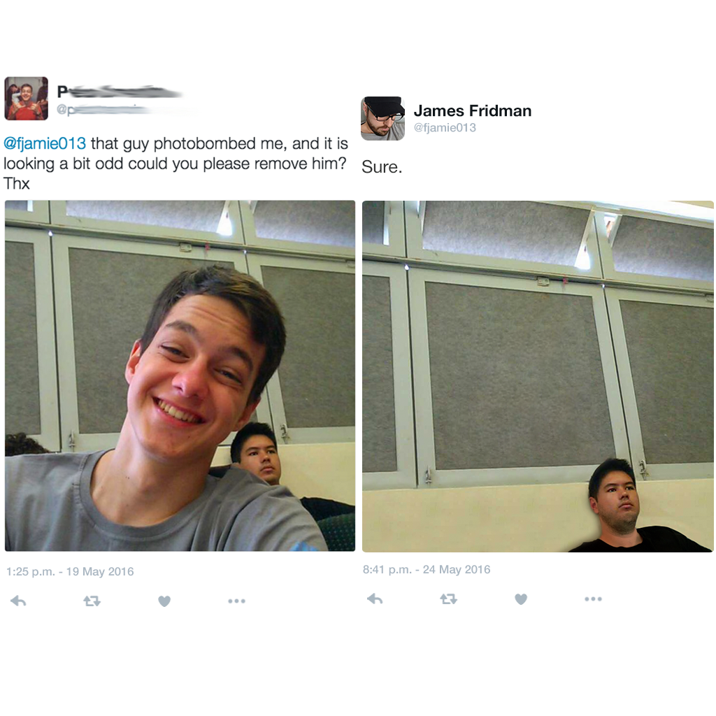 Two side-by-side images of a young man ask James Fridman on Twitter to remove a photobomber. In the edited image on the right, the request is humorously fulfilled by removing the requester, leaving only the photobomber.