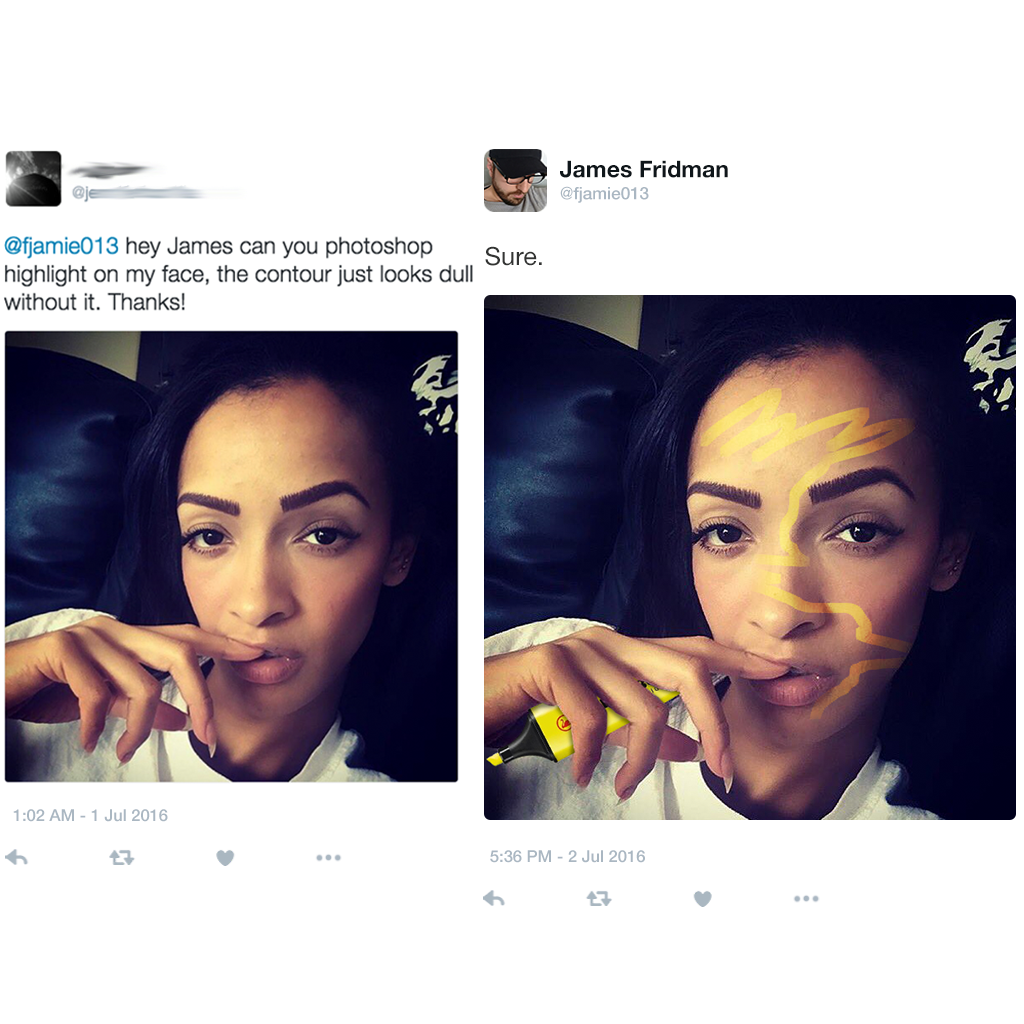 A Twitter user asks James Fridman to enhance their facial contour in a photo. In the before photo, the person has subtle makeup. In the after photo, James humorously adds exaggerated yellow squiggly lines to the person's face, as if drawn with a marker.