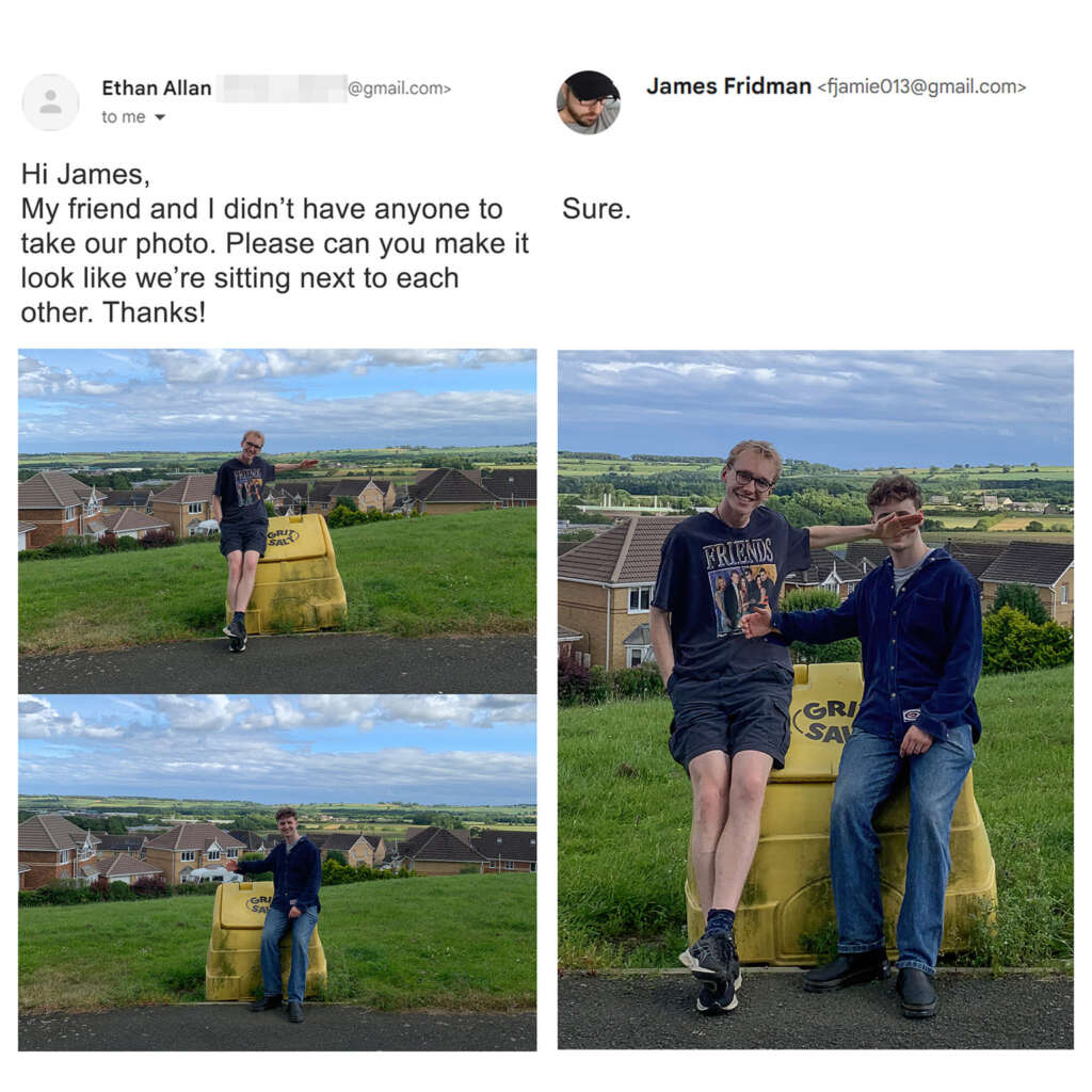 A screenshot of an email exchange and two images. Ethan asks James Fridman to edit a photo of him and his friend together due to the lack of a photographer. The before photo shows two young men standing apart. The after photo shows them sitting separately on a large trash barrel.