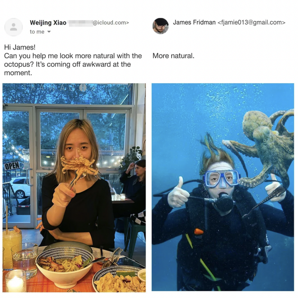 The image shows a humorous before and after of a Photoshop request. The original photo is of a woman holding an octopus dish at a restaurant. The edited version has her underwater, in scuba gear, with an octopus. Text reads, "More natural.